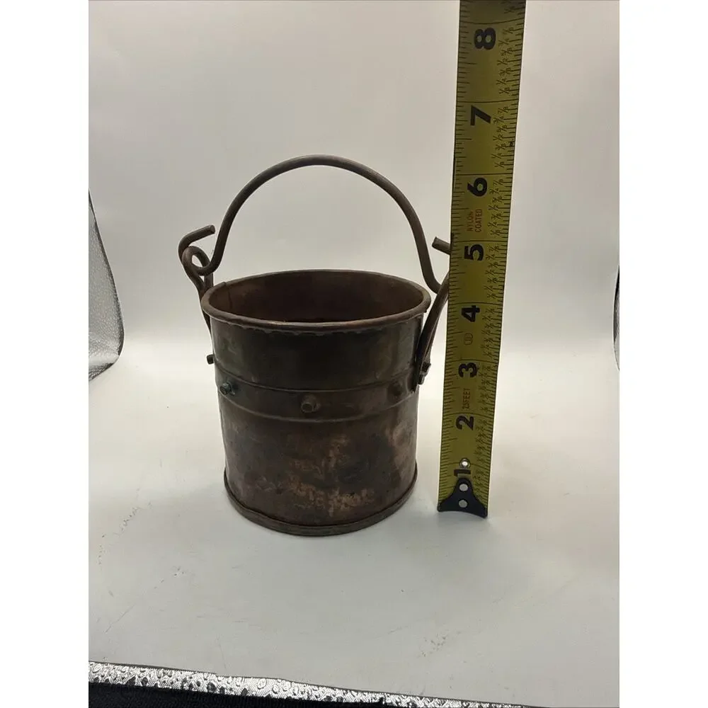 Antique Hand Hammered Copper Riveted Bucket With Iron Handles